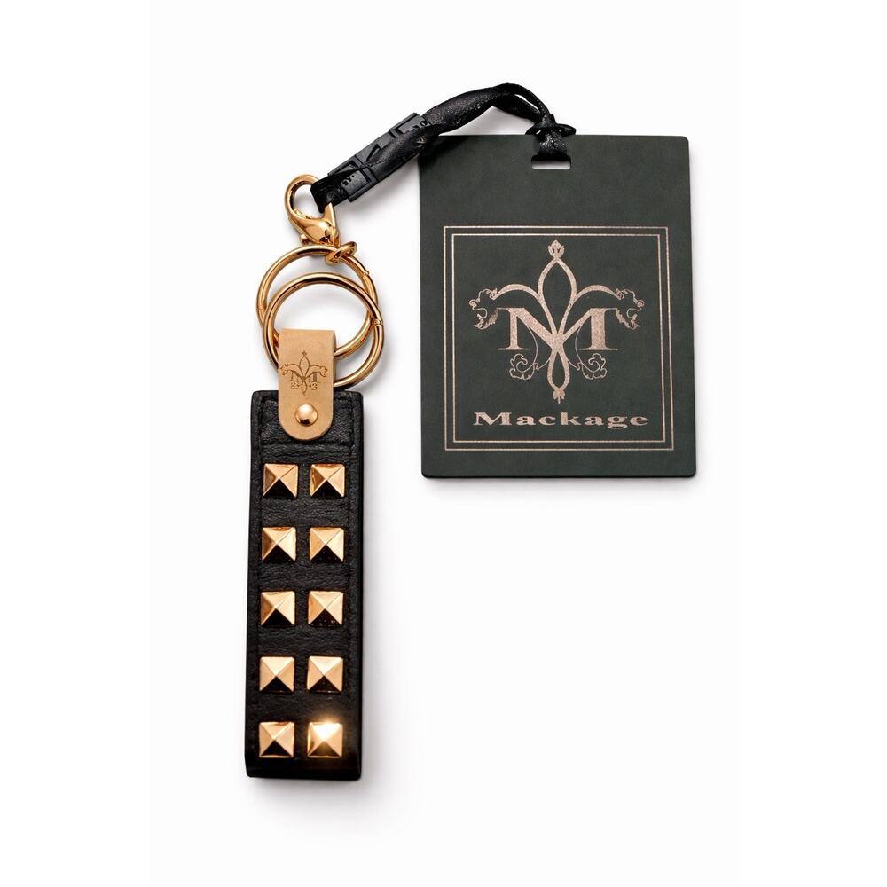 Mackage Black Leather Studded Keychain Gold Ring Fob NWT Designer Y2k Goth Edgy